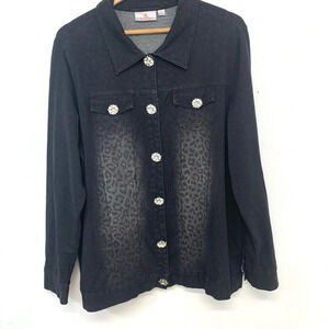 Quacker Factory Jacket XL  Black Leopard‎ Animal Print Sparkle Buttons  Stretch